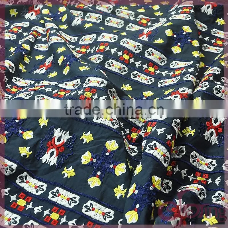 Colorful china design shining poly embroidery cotton lace fabric for dress/ tops