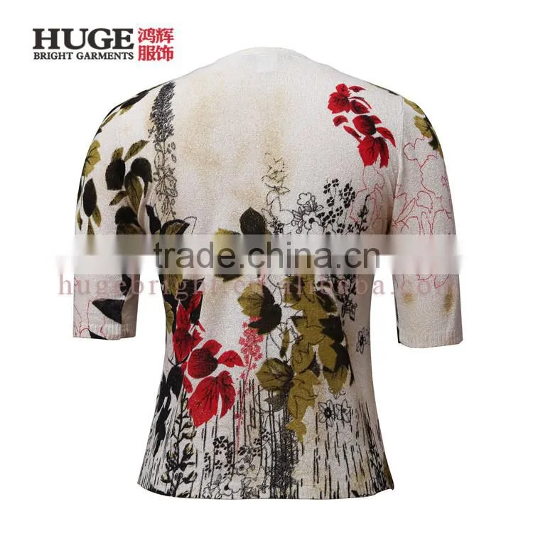 Old women cardigan sweaters with short sleeves and button closure, Floral printed sweater