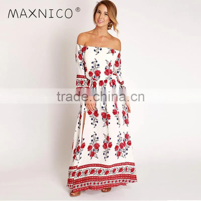 Maxnegio sexy long sleeve boder print off shoulder midi evening dress