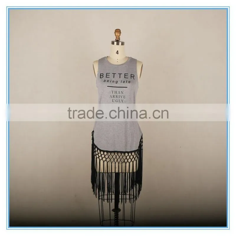 Long Jersey Knit Women Tank top With Braiding Sweep
