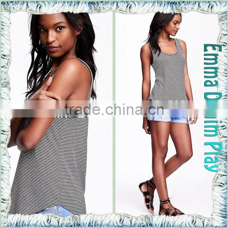 Tops Suppliers China High Quality Womens Deep Round Neck Stripe Long Tank T Shirts