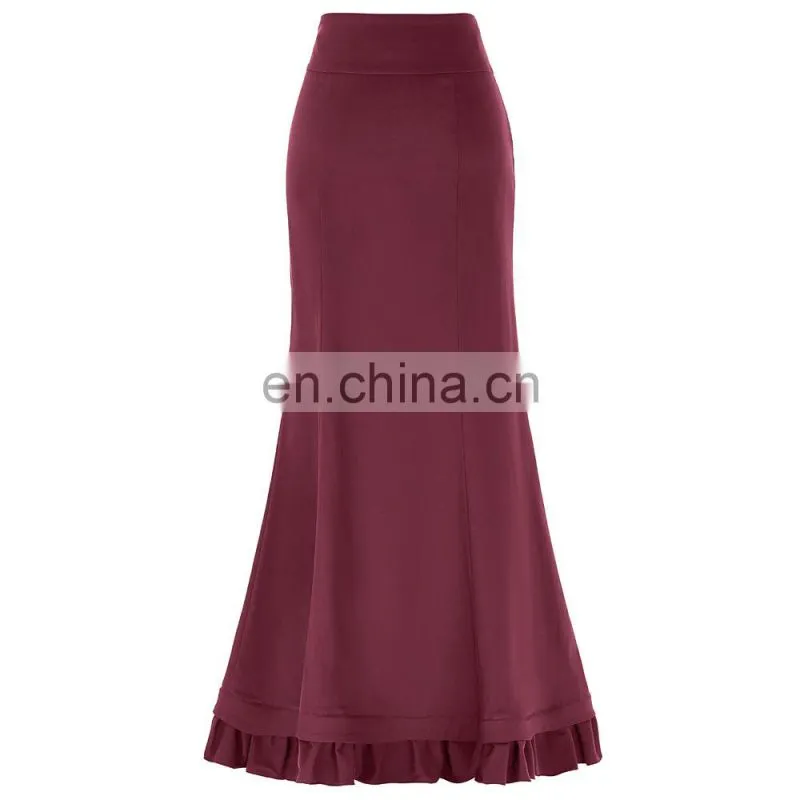 Belle Poque Womens High Stretchy Nylon-Cotton Vintage Retro Ruffled Fishtail Mermaid Victorian Style Wine Long Skirt BP000203-3