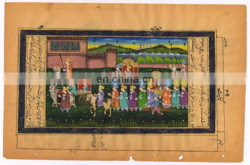 Indian Beautiful Cotton Mughal Procession Miniature Painting Handmade Watercolor Original Painting Wall Decor Art