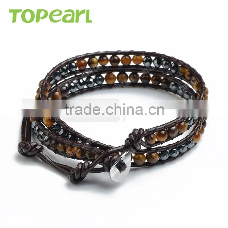 Topearl Jewelry Tiger Eye Hematite Fashion Bracelet Woven Leather Wrap Bangle 13.5 Inches CLL128