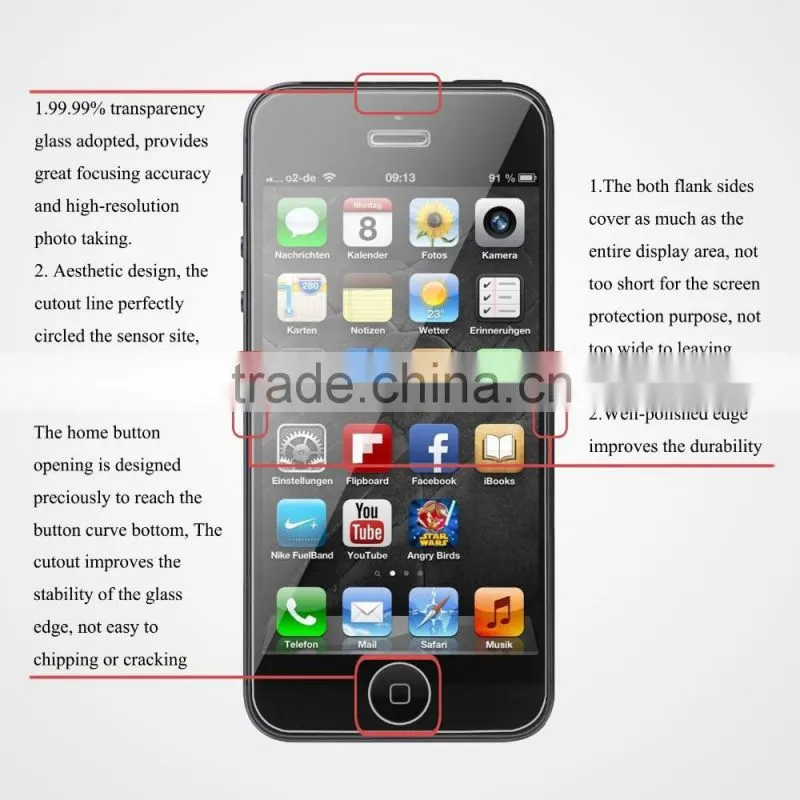 Keno Factory Price Premium 9H Hardness Anti-shock Tempered Glass Membrane for iPhone 5 5S Mobile Phone Screen Protector