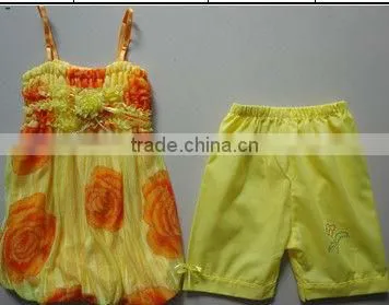 summer 160g Girl's chiffon dress and jersey pant 2pcs set