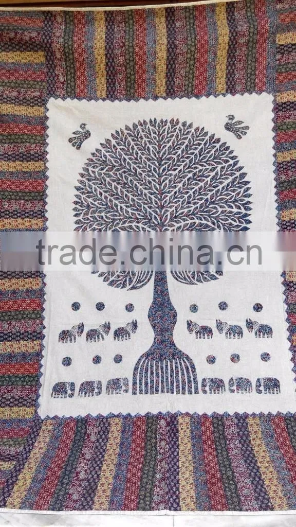 Beautiful jaipuri hand block printed hand embroidered bed cover with kantha work