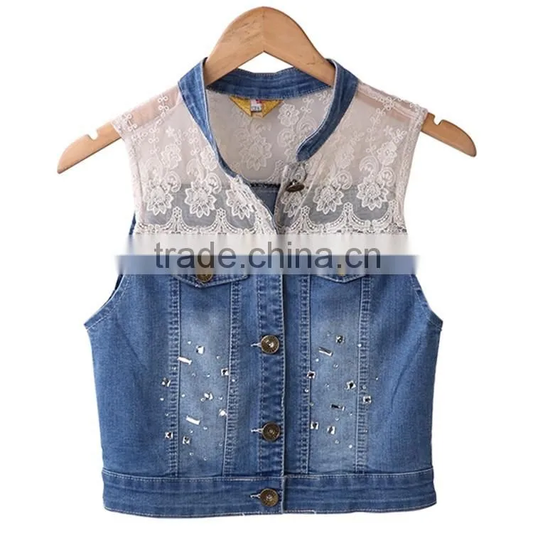 OEM Design off-shoulder sleeveless coat blue and white color jeans lace Custom denim outdoor life women jacket for denim jacket
