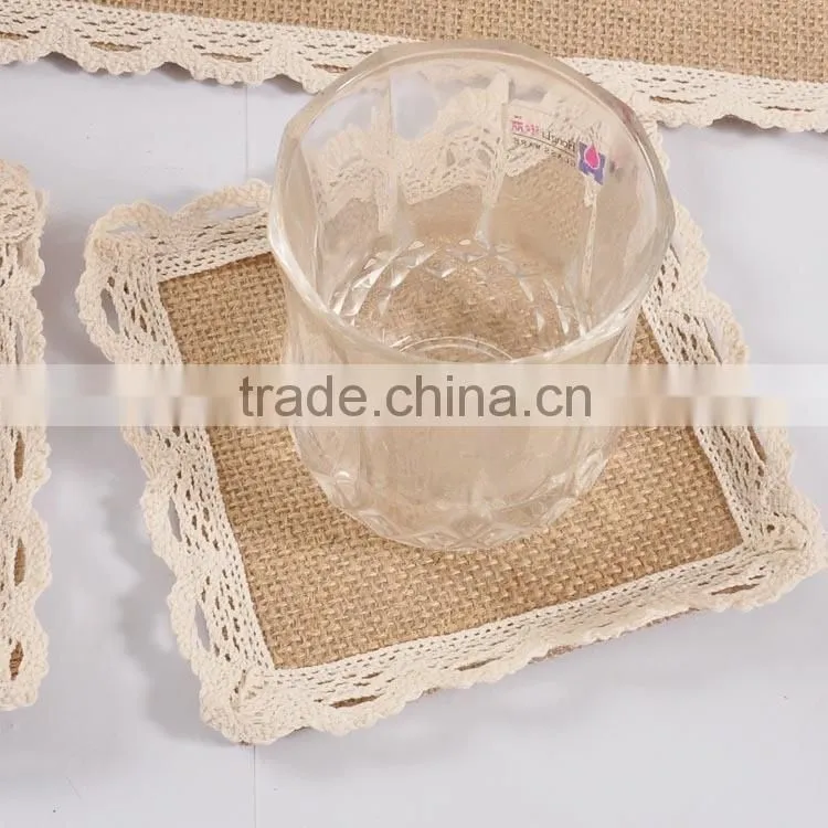 Square crochet coasters with lace trims,hot burlap fabric crochet doilies