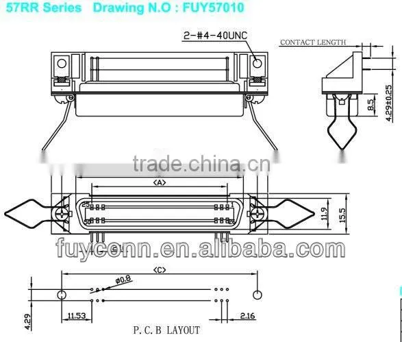 57 Series Centronics Female 90 Degree Angle Telecom Connector PCB Mounting with Spring Latches