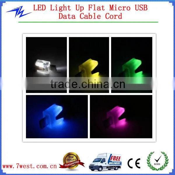 3M 9 feet LED Light Up Flat Noodle Style Fabric Nylon Braided Micro USB Data Cable Sync Charger Cord for Smartphones