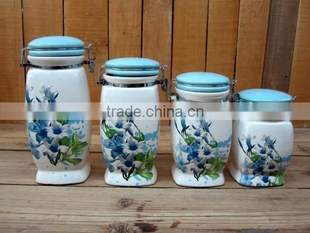 Elegant Ceramic Airtight Food Canisters with Blue Morning Glory Decal