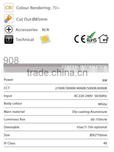 ON908 8w led ceiling Recessed spot light,die-casting Aluminum spotlight