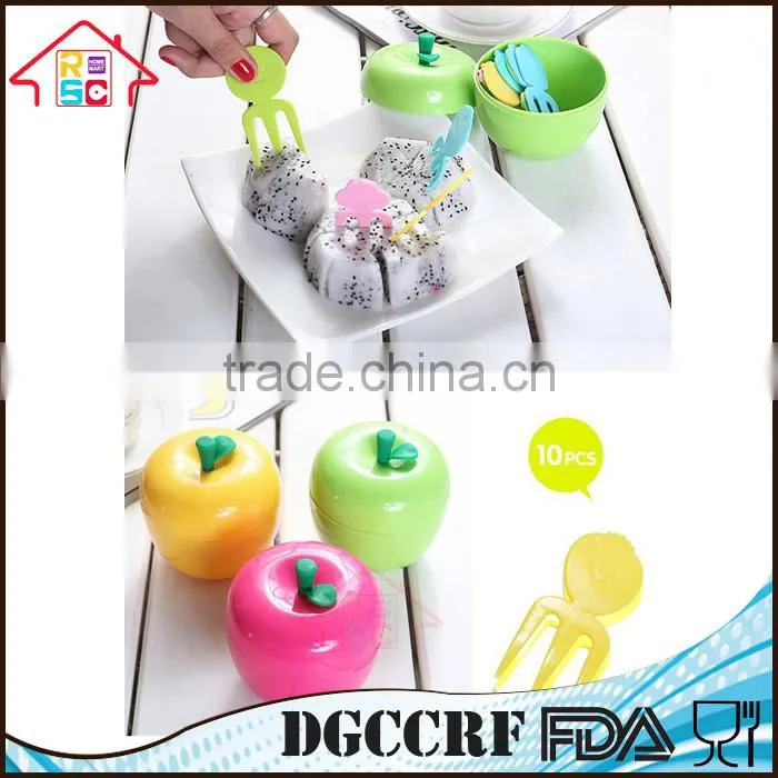 1Set Apple Box 10 PCS Plastic Fruit Fork Stand Container Kids Cake Dessert Forks