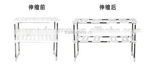 Kitchen telescopic plastic sink storage shelf rack/stainless steel kitchen storage rack