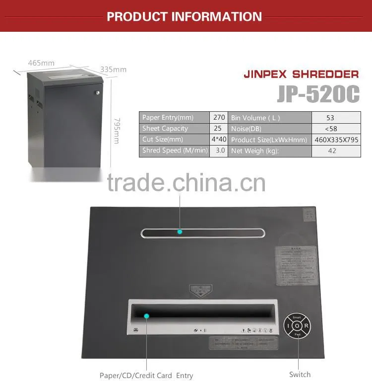 JP-520C Cross cut heavy duty paper shredder for office 270MM