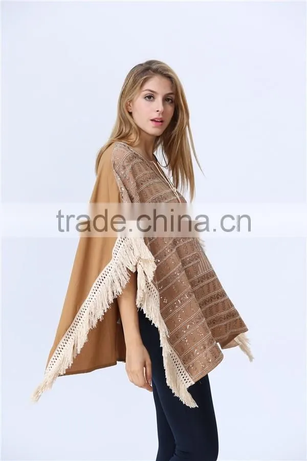 New Arrival Ladies Fashion Design Elegant Winter/Autumn Tan Colour Dolman/ Cape/Shawl Coat With Fringing and Beading for women