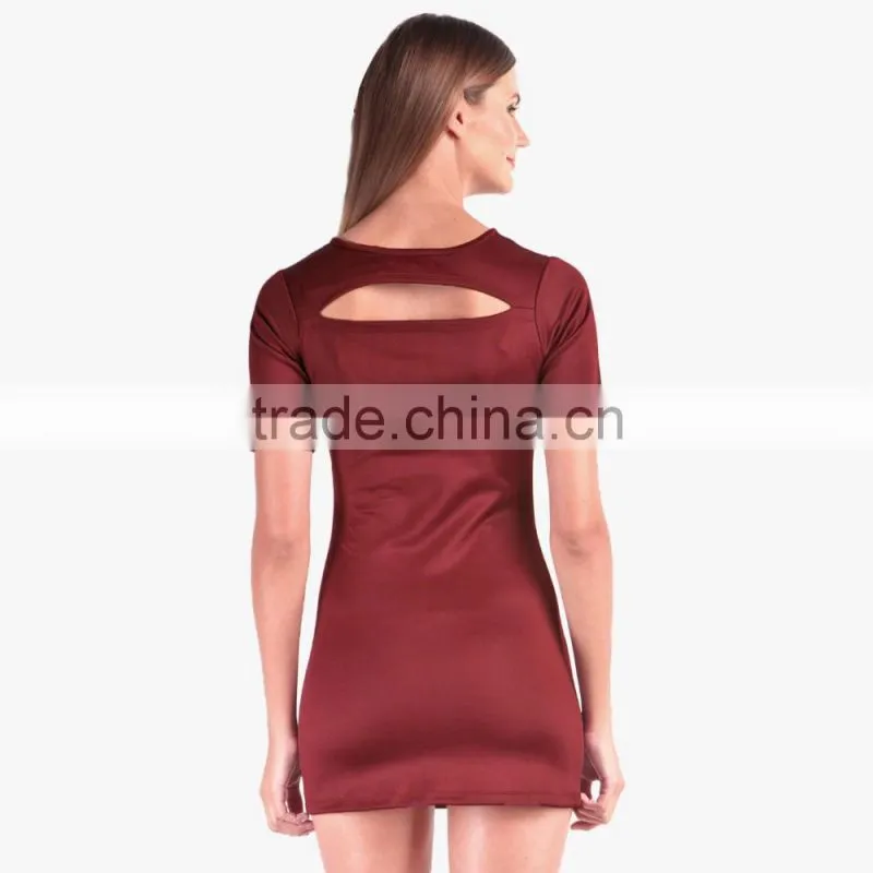 Wine Colored Solid Bodycon Dress For Ladies