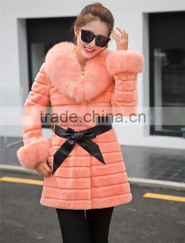 Large Size Real 2016 Winter New Women Fox Fur Collar Rabbit Fur Coat outwear Female