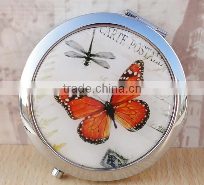 7cm Round Cosmetic Purse Compact Makeup Handbag Mirror with Butterfly