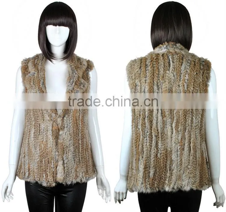 YR321 New RU Design Turn-down Collar Real Natural Knitted Rabbit Fur Vest