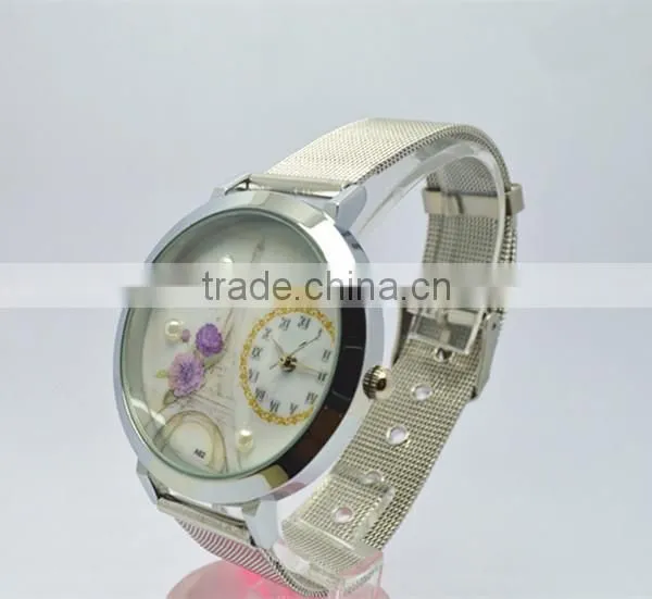 metal netting strap wristwatch covered with violet , betterfly ,pearls and Effiel Tower