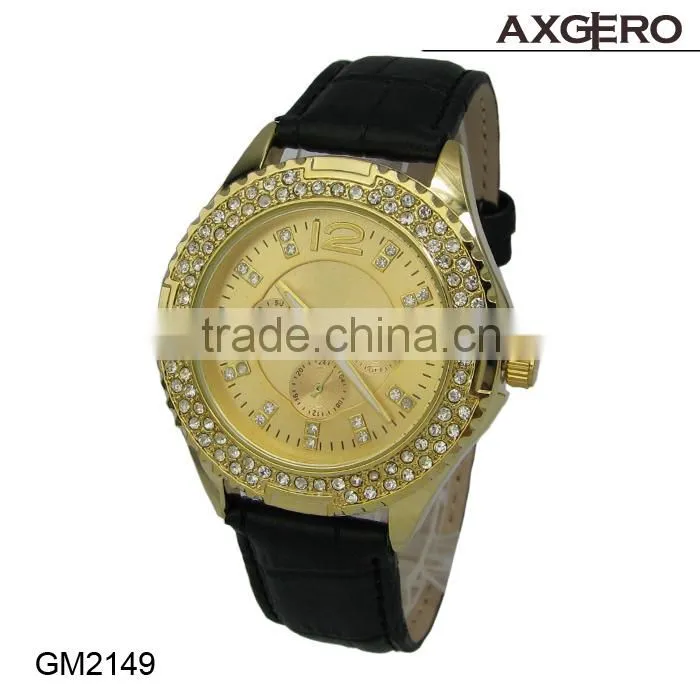 Custom made gold plating diamond trim fashion alloy lady wrist watch