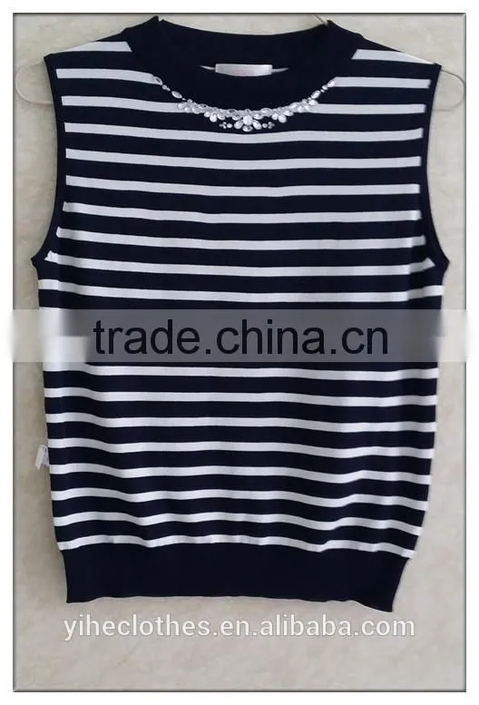 Vintage stripe handmade knitting wear crew neck OL vest