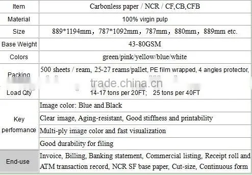 carbonless paper/NCR paper CB CBF CF with different colors