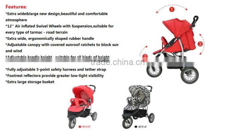Baby Stroller Manufacturer Adjustable Backrest Footrest Reversible Seat Air inflated Swivel 3 Wheels with Suspension