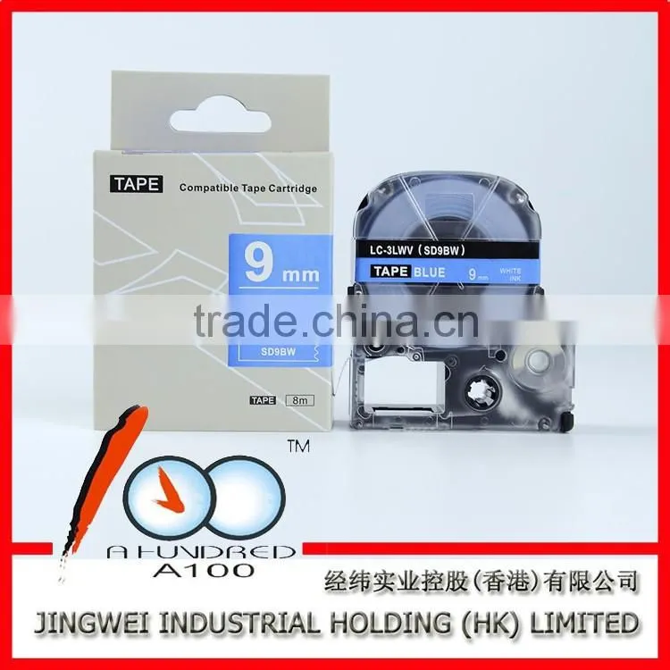 Compatible Espon/Kingjim tape cartridge for label printer LC-3LWV white on blue 9mm SD9BW