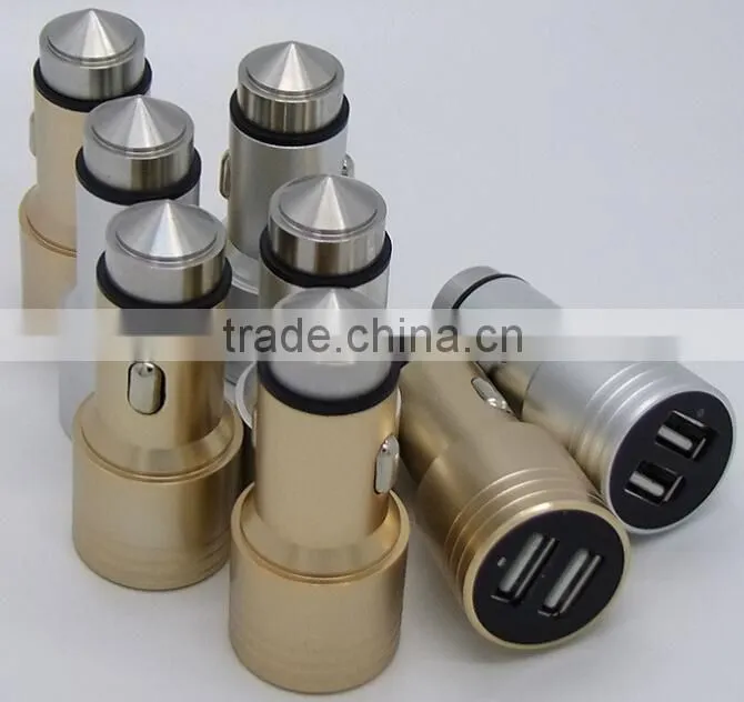 Aluminum Mini Micro Dual USB Car Charger Escape Equipment Metal Safety Hammer Shape Nipple Car Charger For Mobile Devices