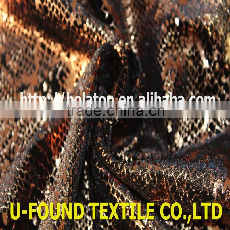 new fancy item 95% polyester 5% spandex warp knitted velvet with bronze foil python pattern print fabric