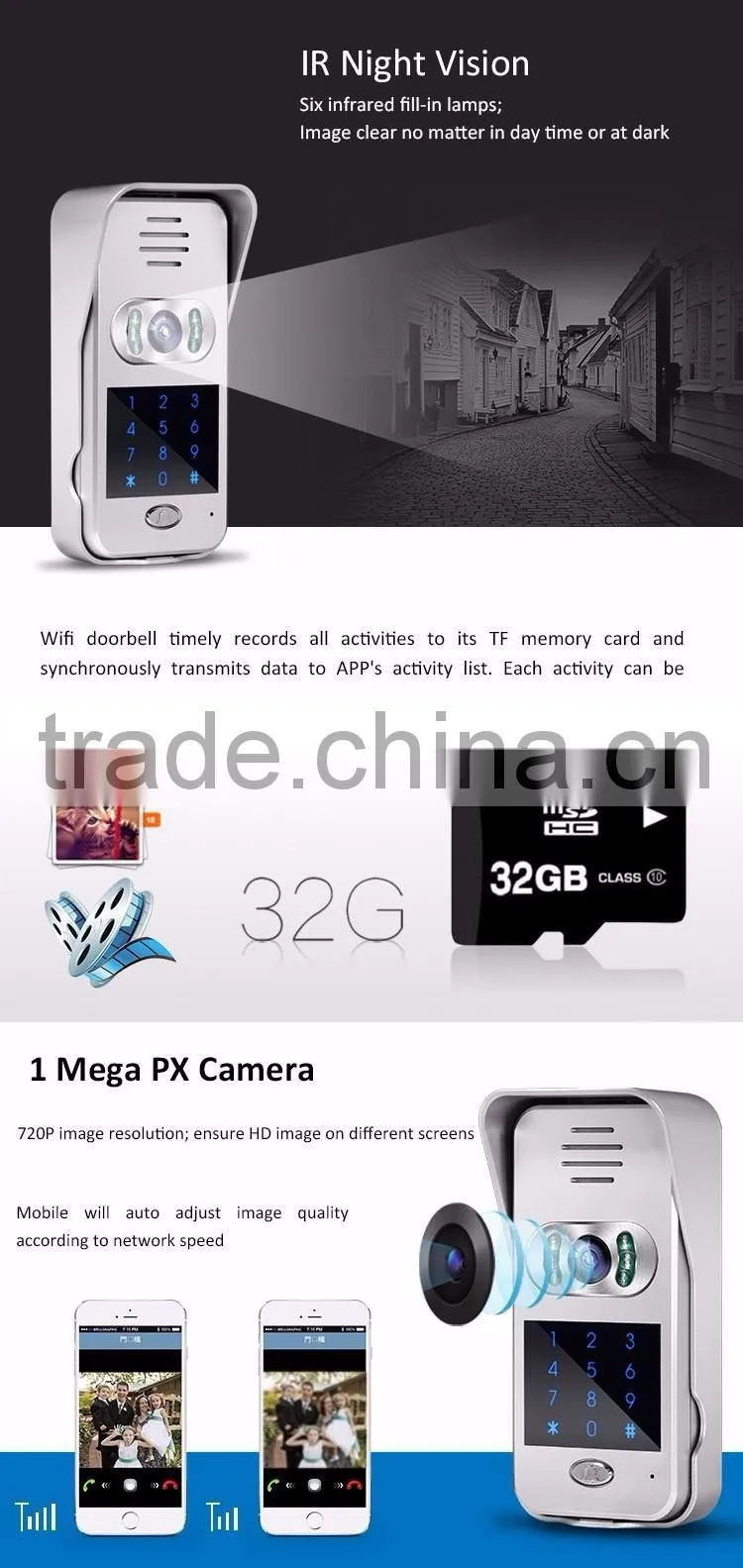 Hot sale RJ45 touch key rainproof APP wireless wifi video door phone with function of motion