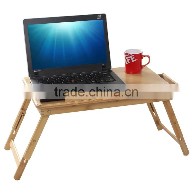 100% Bamboo Portable Laptop Desk Table Foldable Breakfast Serving Bed Tray Tilting Top Drawer BH004