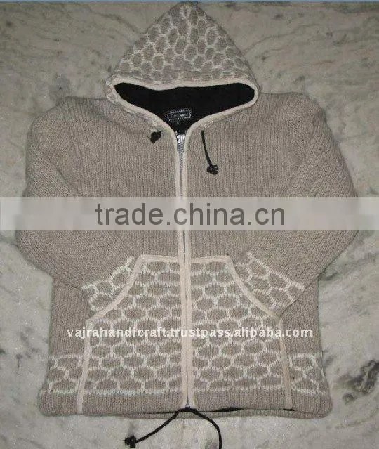 Black Printed Hand Knit Wool Inner Fleece Hoody Winter Men Thick Sweater