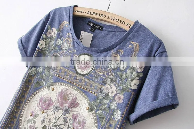 spring Summer New Fashion Women T Shirt Royal Wind Flower Print O-Neck Short-Sleeve Roll Up Hem Cotton T-Shirts clothing