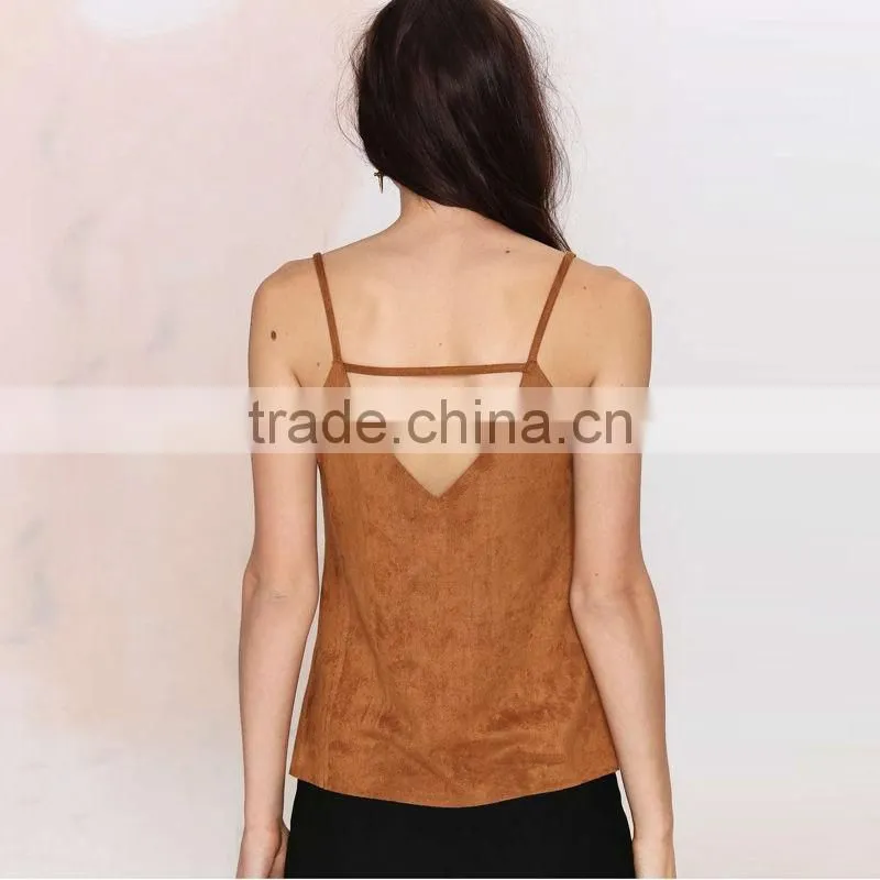 Fashion Women Faux Suede V Neck And Back Strappy Top 2016