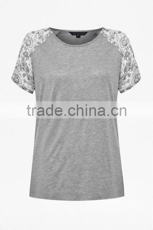 100% Viscose Jersey T-Shirt Top with Printed Chiffon Sleeve