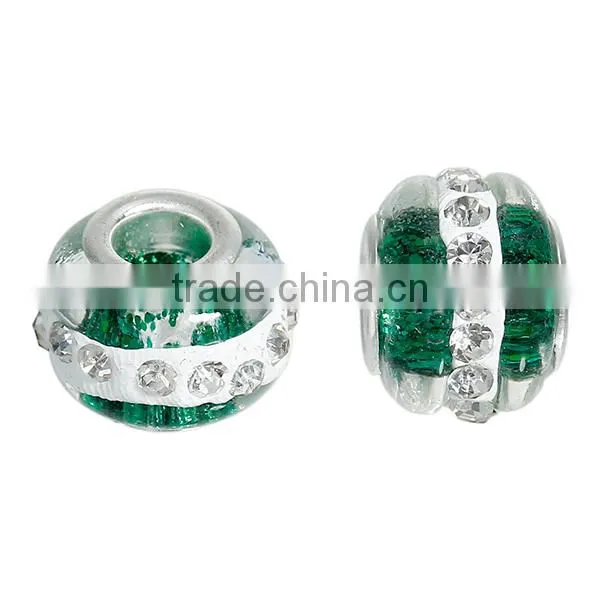 Lampwork Glass European Style Large Hole Charm Beads Round Silver Plated Core Green Clear Rhinestone