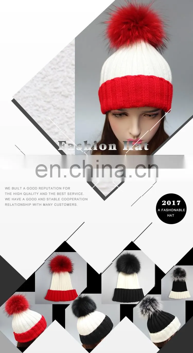 Stock hat fashion winter real big raccoon fur ball knitted beanie hat