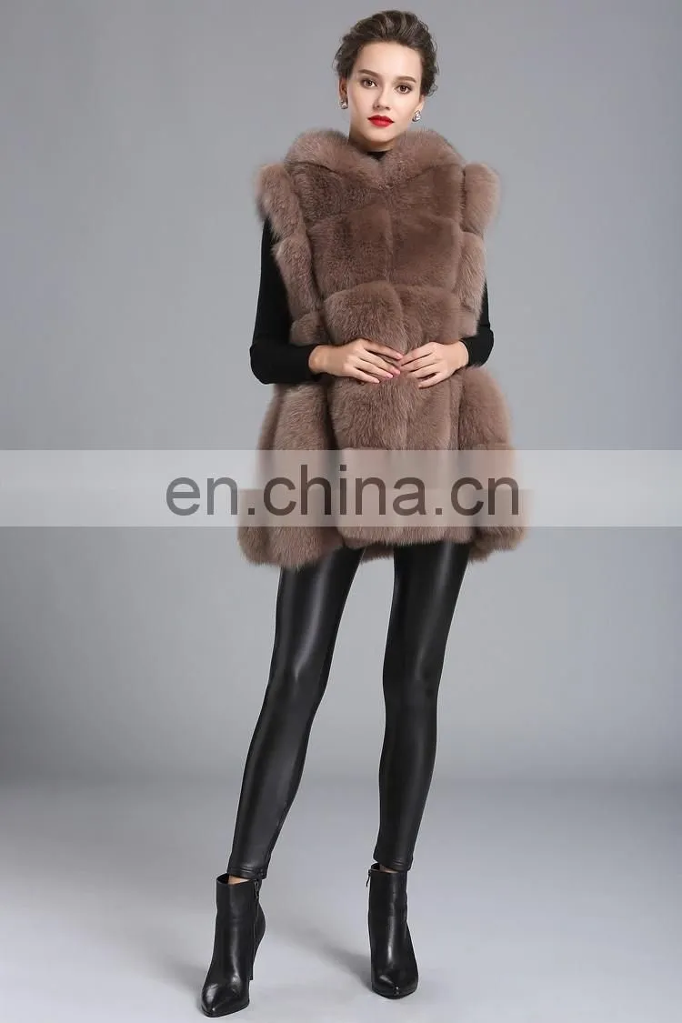 2015 New Style Whole Leather Real Fox Fur Hood Long Style Vest Girl Gilet Beautiful Women Vest