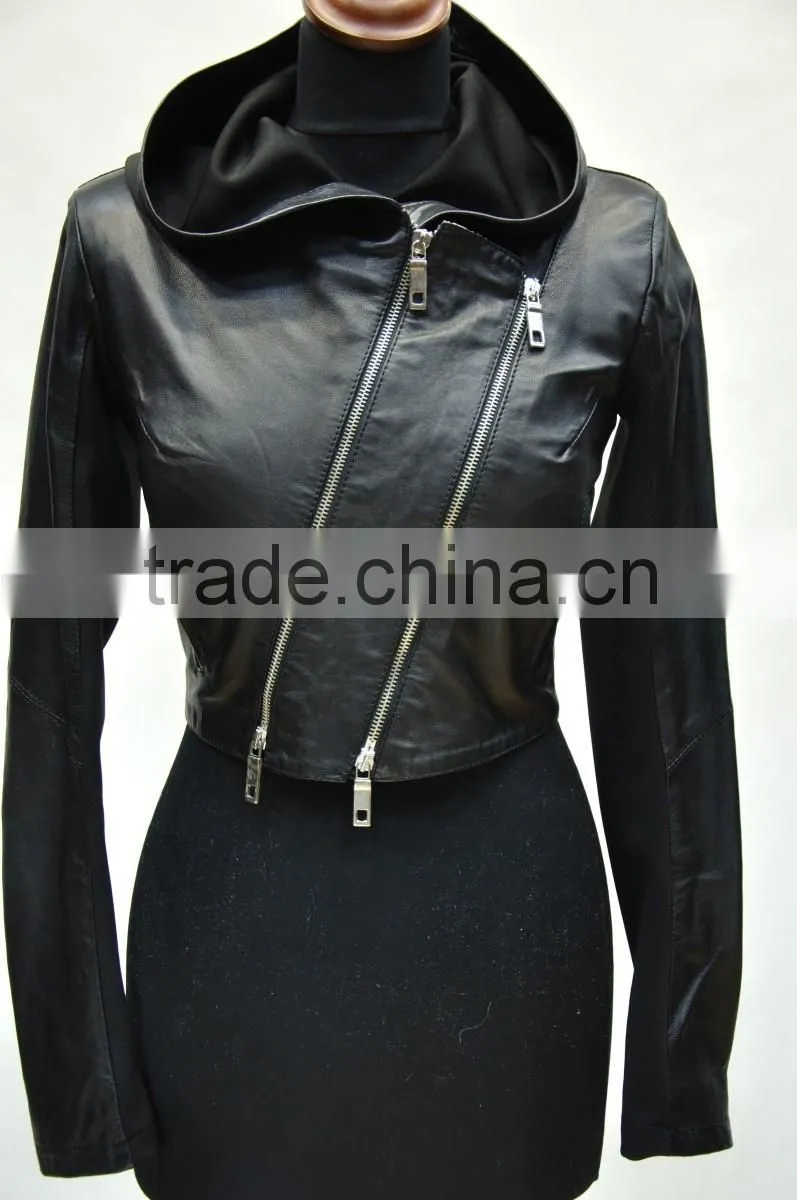 lady hooded lamb nappa leather jacket oblique zipper