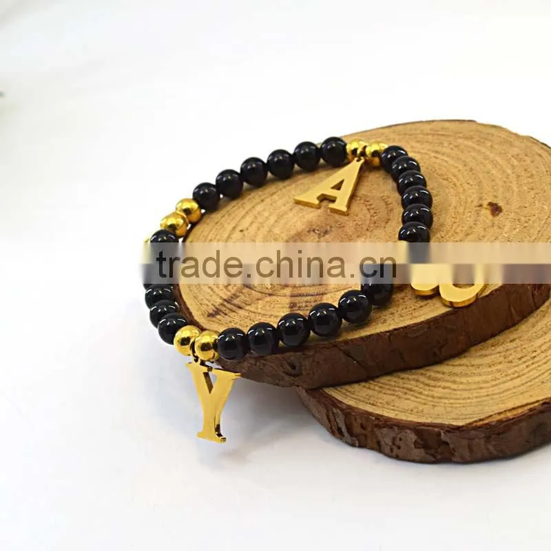Custom fashion bracelet with 26 letter pendant choose black bead bracelet