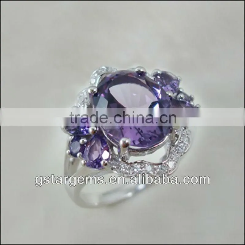 925 Sterling Silver Natural Gemstone Amethyst Rhodium Plated CZ Ring