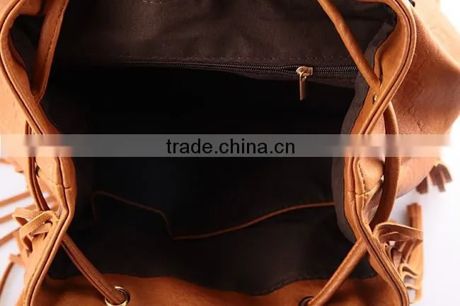 4762 Bohemia Style Tassels Featured Brown PU Material High Quality Women Backpack