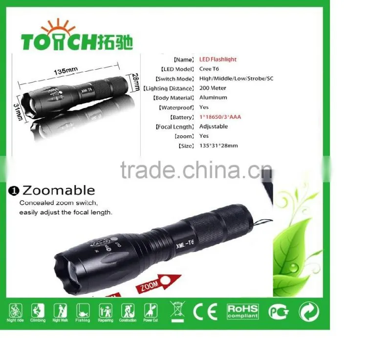 XM-L T6 focus adjustable and waterproof outdoor camping 5 modes led flashlight torch light lamp by 18650 or 3 x AAA