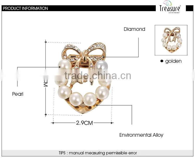 Fashion 2016 golden alloy pearl and rhinestone cute bowknot brooch jewelry