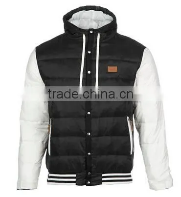 100% polyester mens hooded down jacket with rib on the hem from china