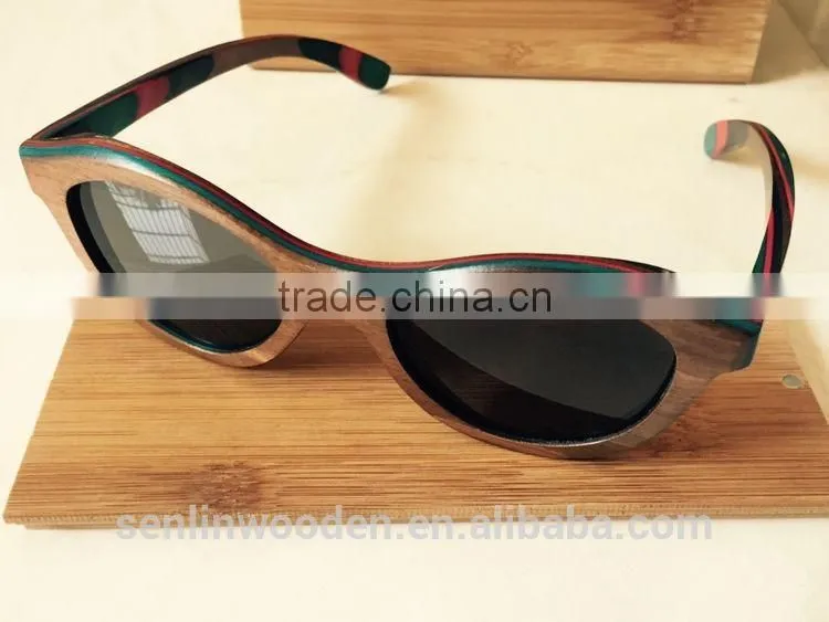 2015 OEM Colorful Lenses Wooden Bamboo Sunglasses, 100% Handmade Skateboard Sun Glasses